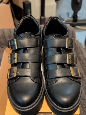 Black Triple-Buckle Leather Platform Sneakers